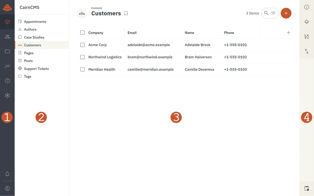 The CairnCMS admin app showing the four main areas of the layout: module bar, navigation pane, page, and sidebar