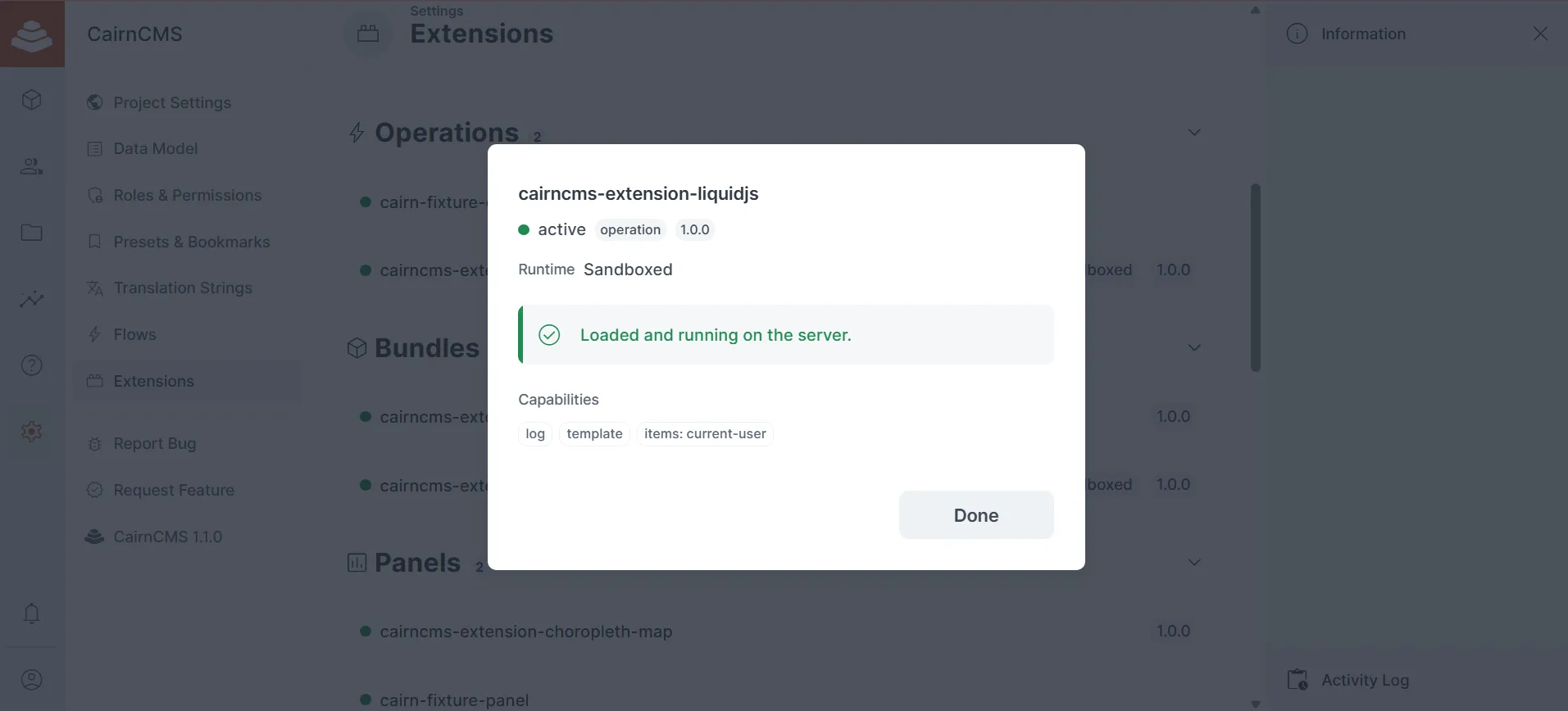 The CairnCMS Extensions UI showing sandbox status and applied hardening layers