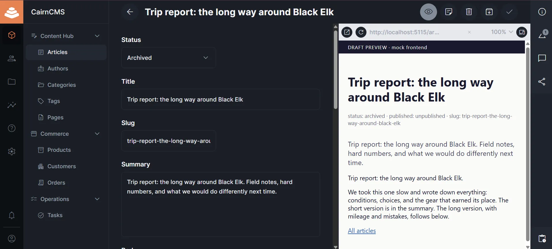 The CairnCMS article editor with a live draft preview in a split pane