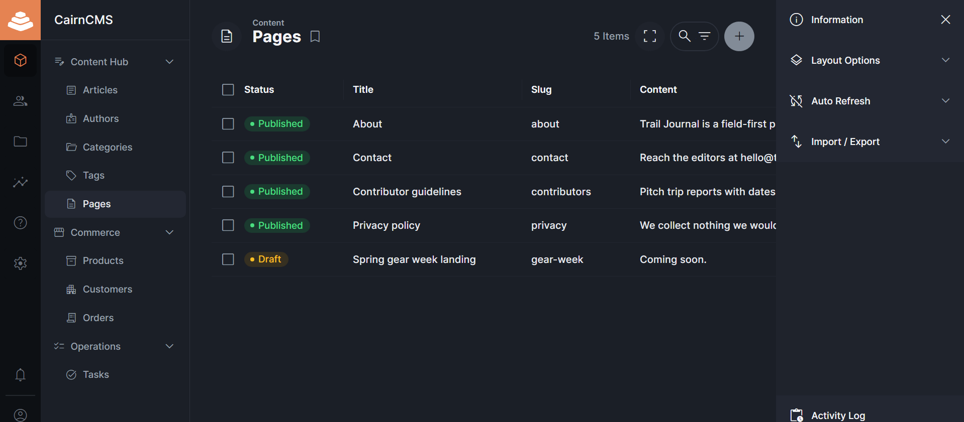 CairnCMS content management interface