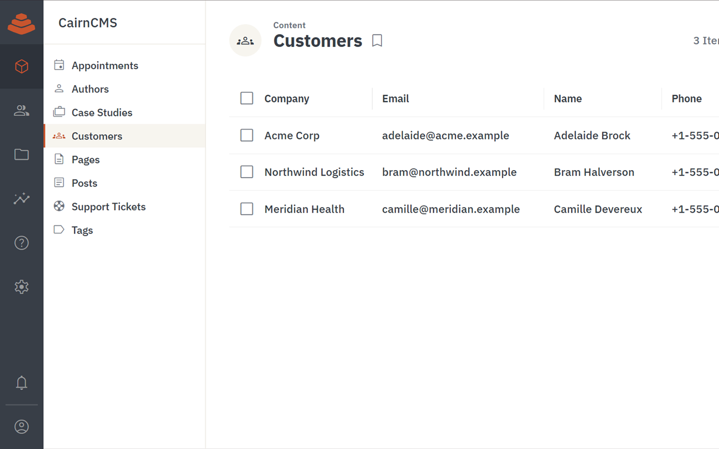 CairnCMS content management interface