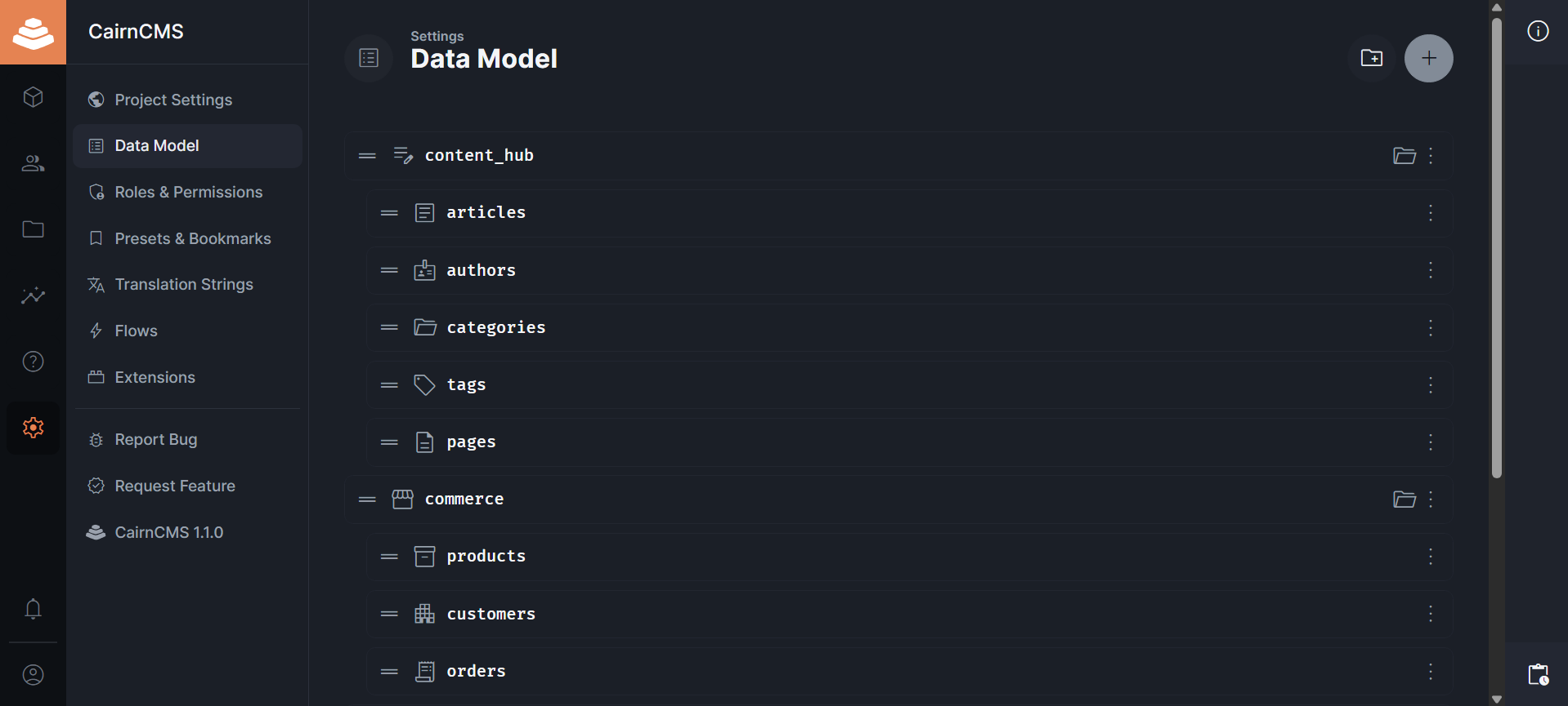 CairnCMS data model studio