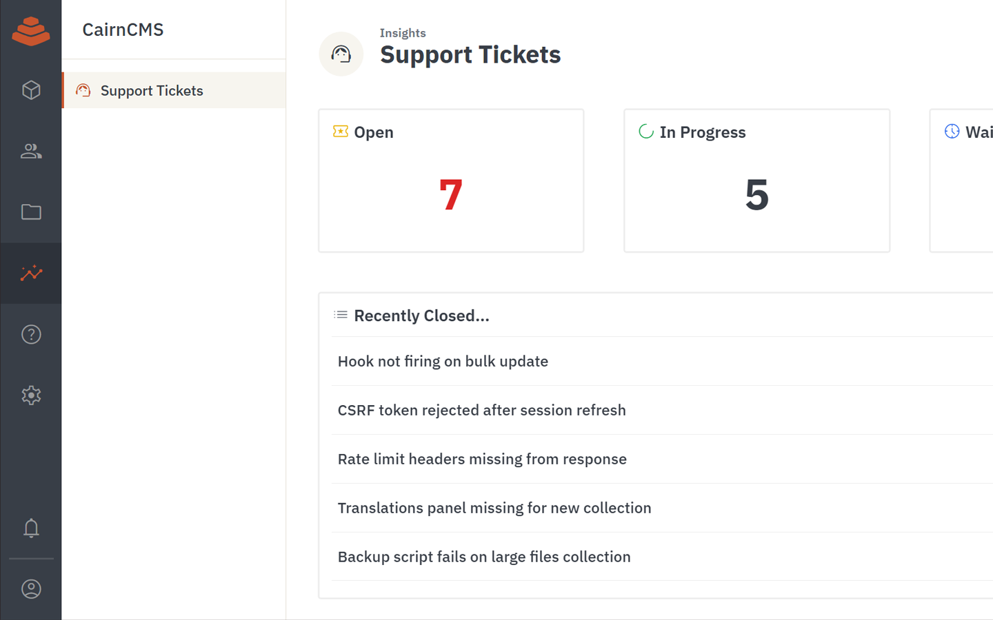 CairnCMS insights dashboard with charts