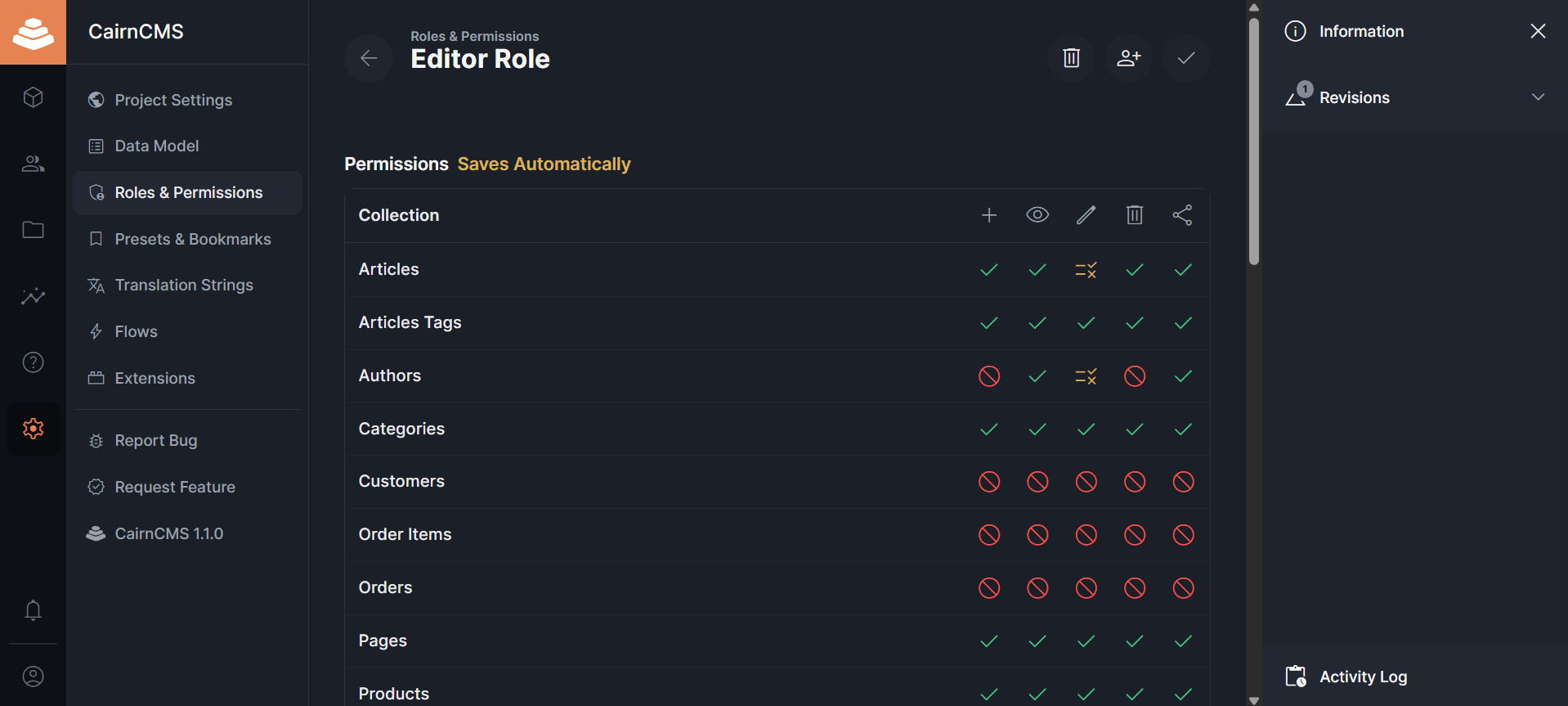 CairnCMS role and permission configuration