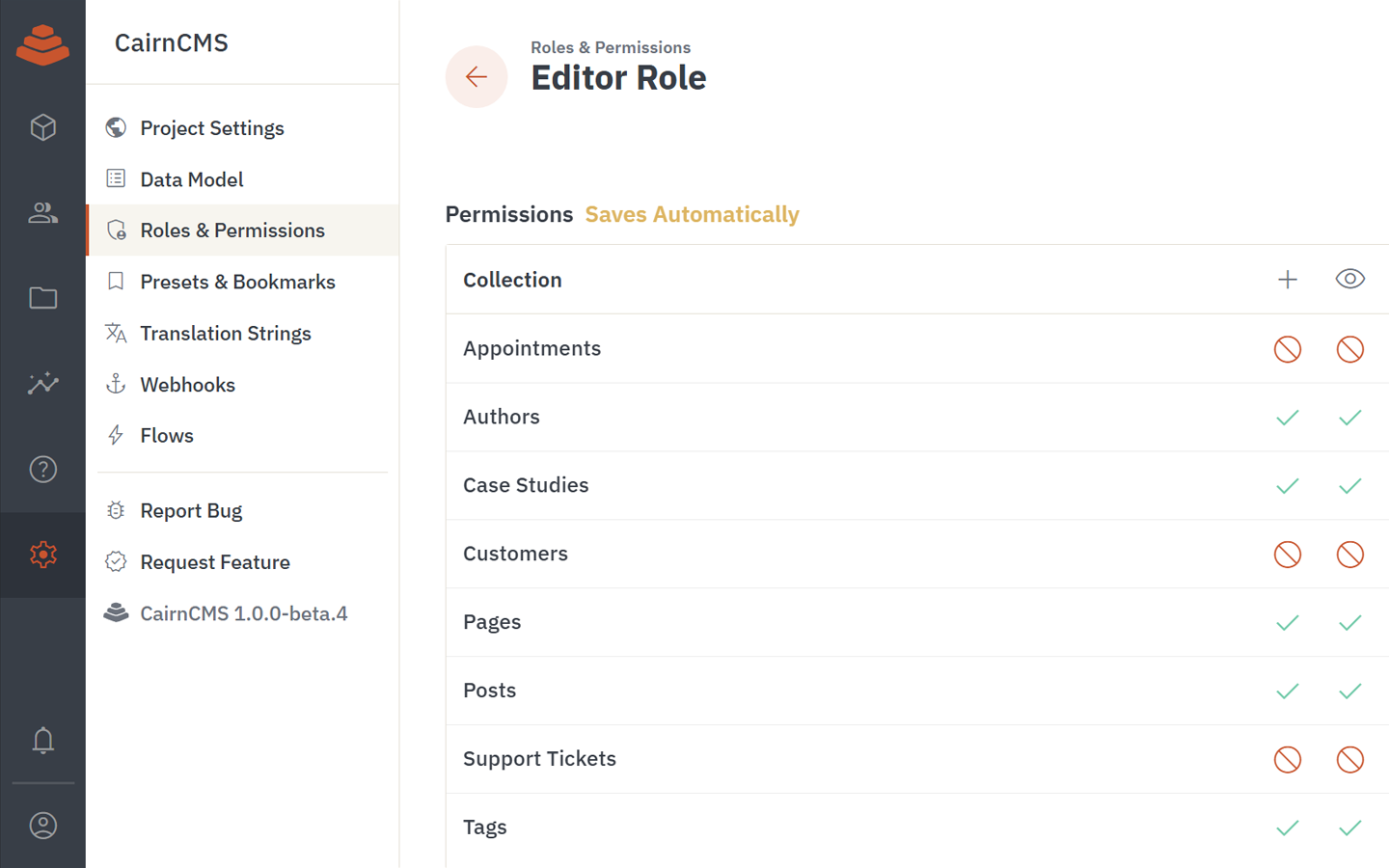 CairnCMS role and permission configuration