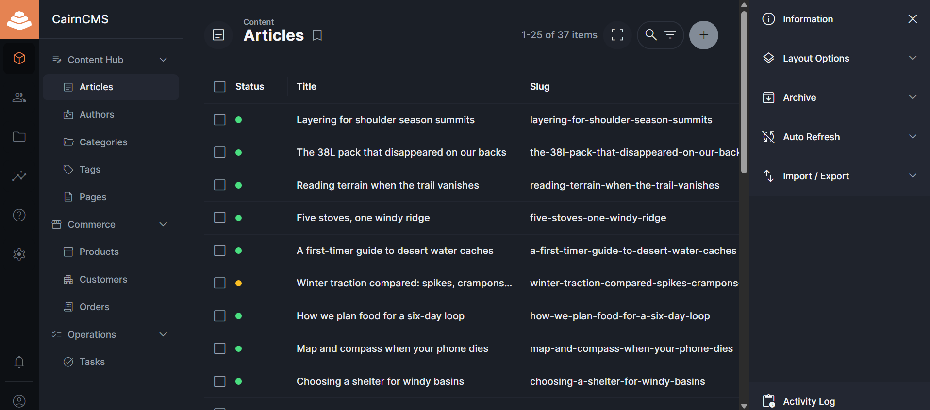 The CairnCMS admin showing the Articles content list with Status, Title, and Slug columns