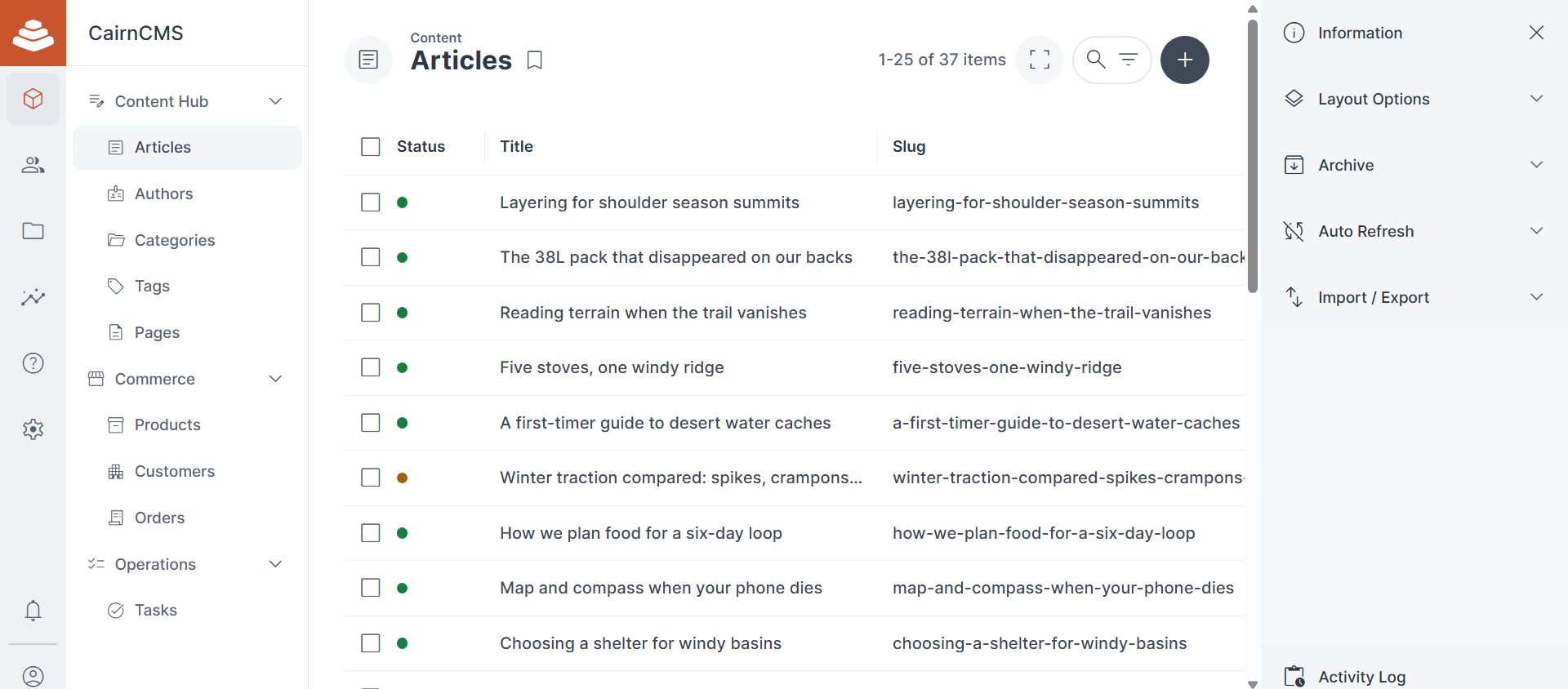 The CairnCMS admin showing the Articles content list with Status, Title, and Slug columns